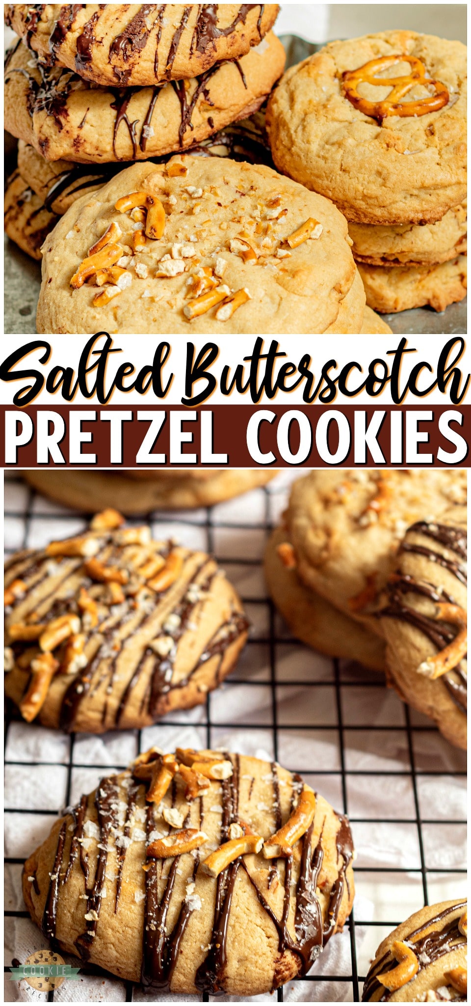 Sea Salt Butterscotch Pretzel Cookies are sweet and salty cookies that pack a little crunch and a whole lot of flavor! With sea salt, pretzels, butterscotch chips, and a chocolate drizzle these loaded cookies are a family favorite!
