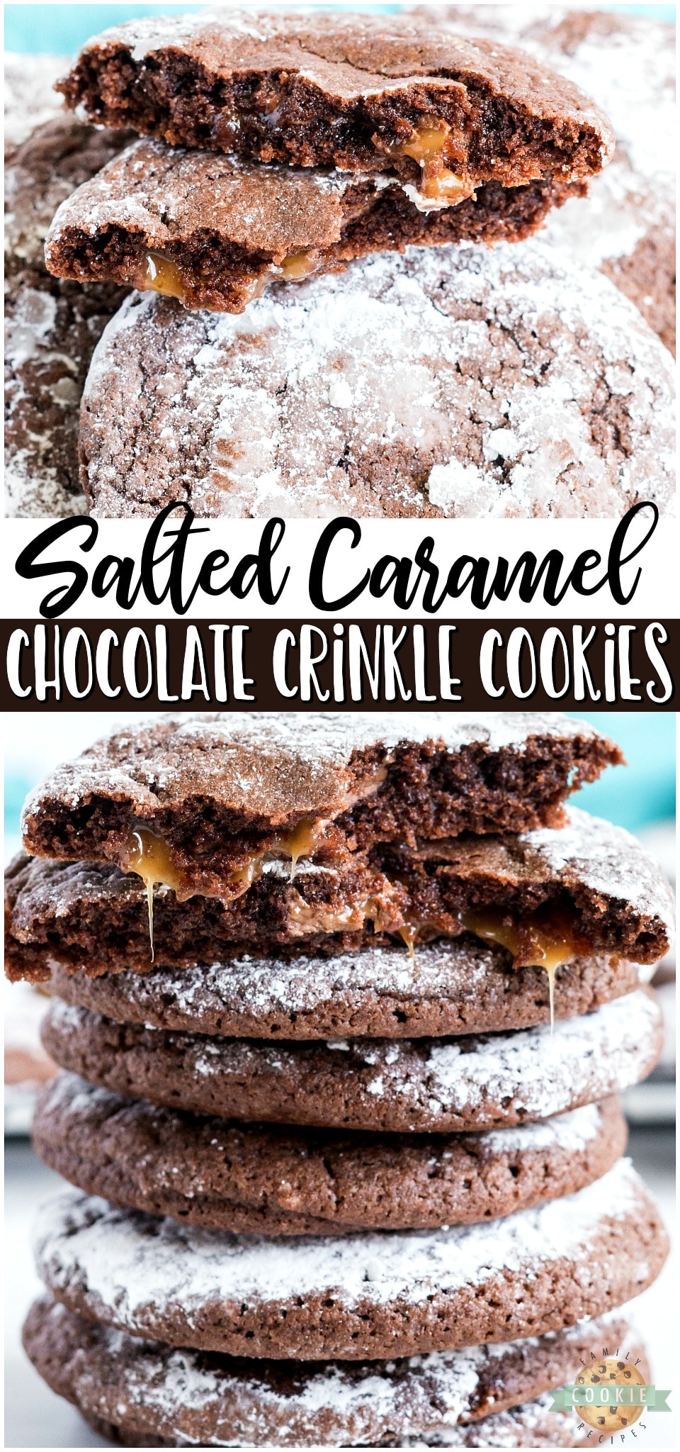 Caramel chocolate crinkle cookies are soft & chewy cookies with a salted caramel filling. Traditional Chocolate Crinkle Cookies with caramel filling that everyone loves! 