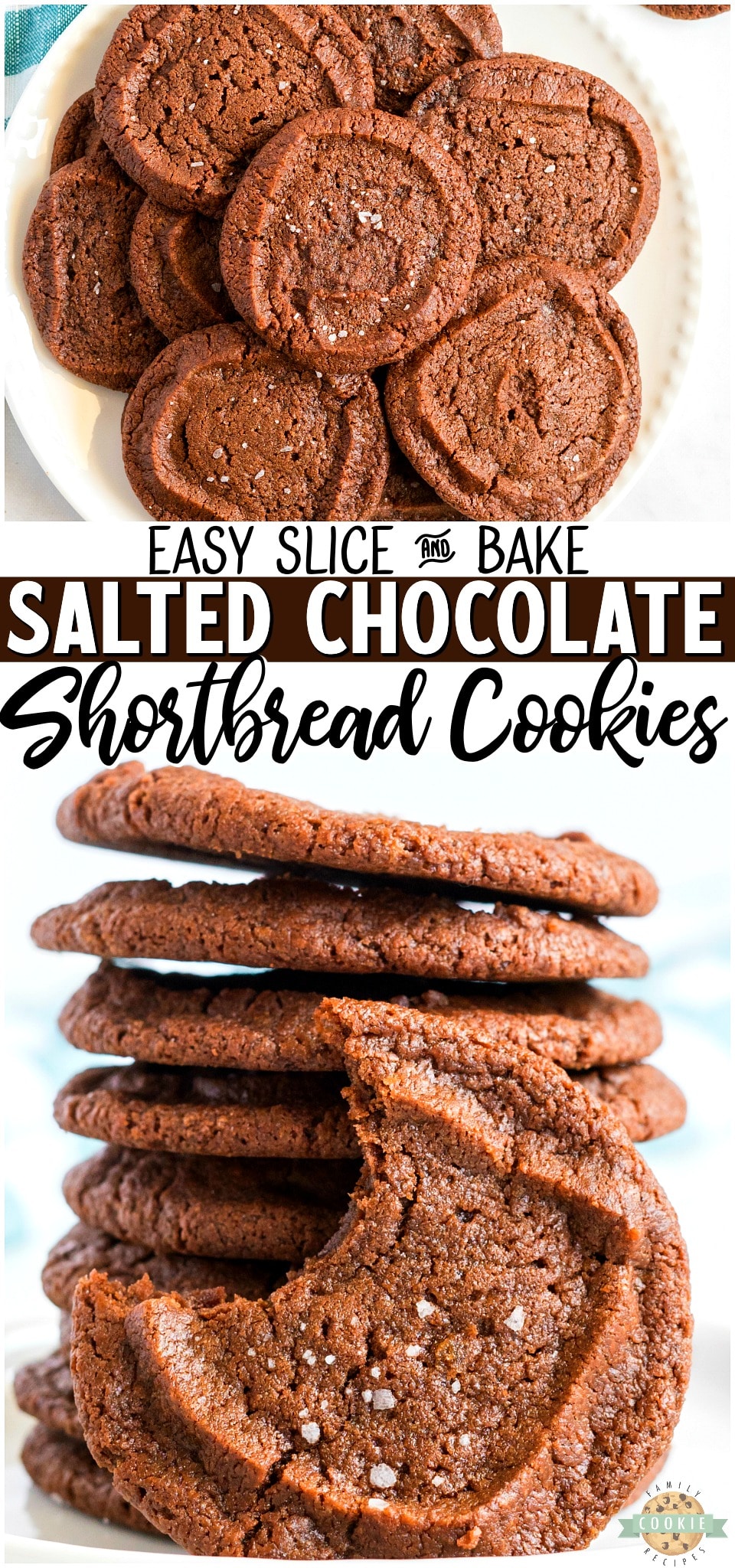 Salted Chocolate Shortbread Cookies made with cocoa powder and butter & topped with flakes of sea salt for the perfect chocolate cookie! Buttery shortbread slice & bake cookies that everyone enjoys! #shortbread #cookies #chocolate #seasalt #dessert #baking #easyrecipe from BUTTER WITH A SIDE OF BREAD via @buttergirls