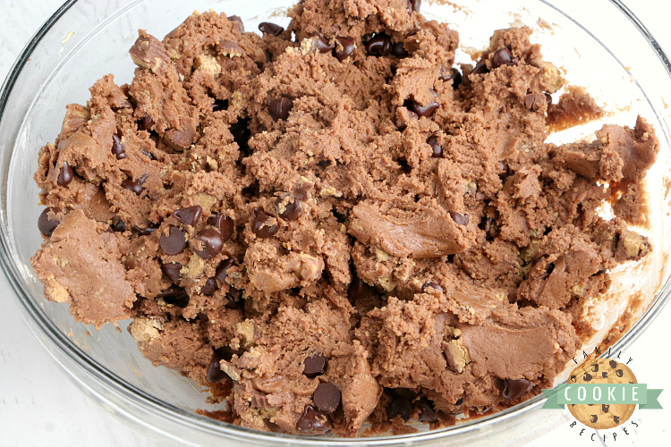 Chocolate cookie dough made with peanut butter cups and peanut butter
