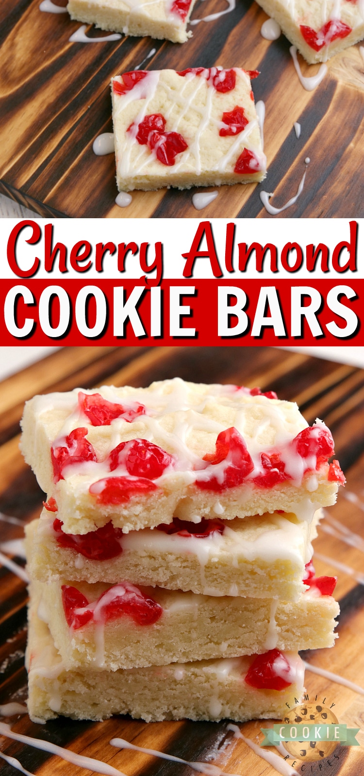 Cherry Almond Cookie Bars are simple cookie bars that fall somewhere between a shortbread and a sugar cookie. This cookie bar recipe is packed with almond flavoring and topped with chopped maraschino cherries and a simple powdered sugar glaze. 