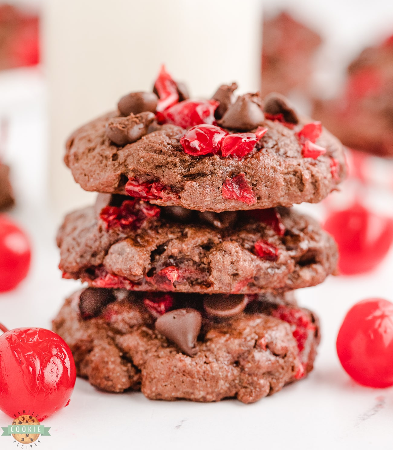 stack of double chocolate cherry cookies
