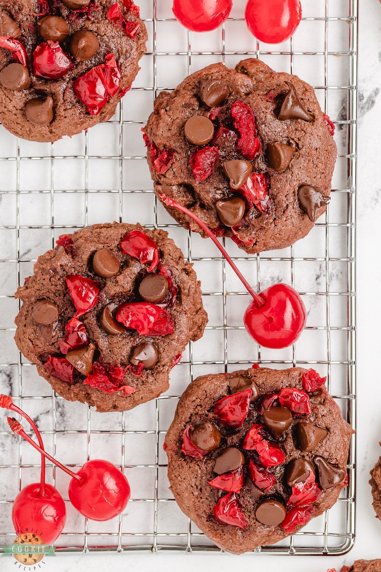 chocolate cherry cookies on a cooling rack