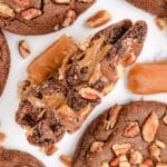 chocolate turtle cookies with caramel and pecans