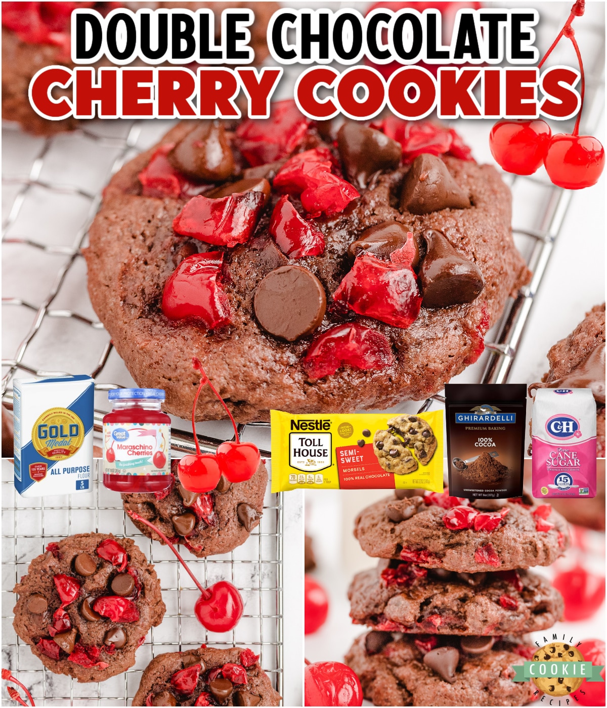 Chocolate Cherry Cookies are Black Forest Cake in cookie form! Soft & chewy chocolate cookies with chocolate chips & cherry bits!