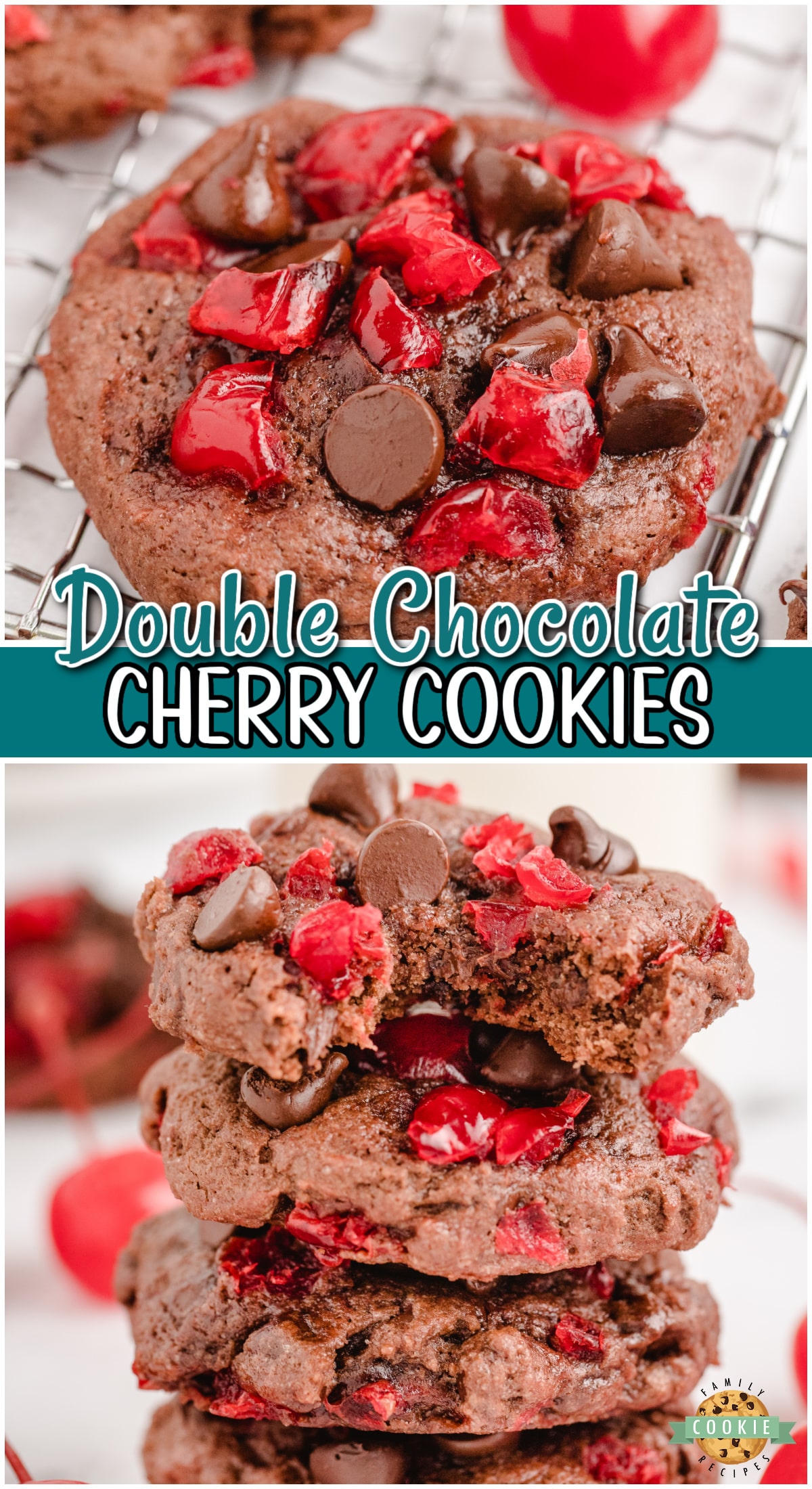 Chocolate Cherry Cookies are Black Forest Cake in cookie form! Soft & chewy chocolate cookies with chocolate chips & cherry bits!