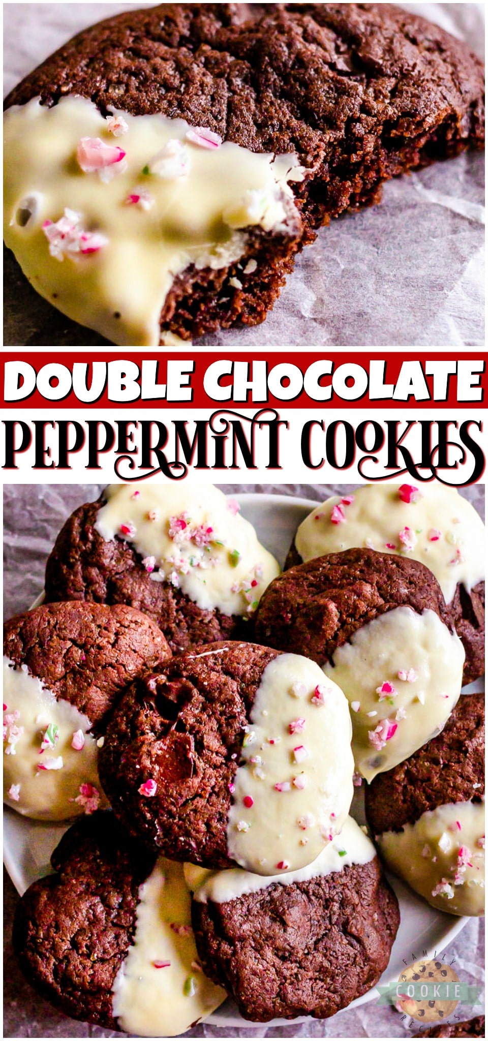 Chocolate Peppermint Cookies are a delicious double chocolate minty cookie that's dipped in white chocolate! Festive holiday cookie perfect for goodie trays! 