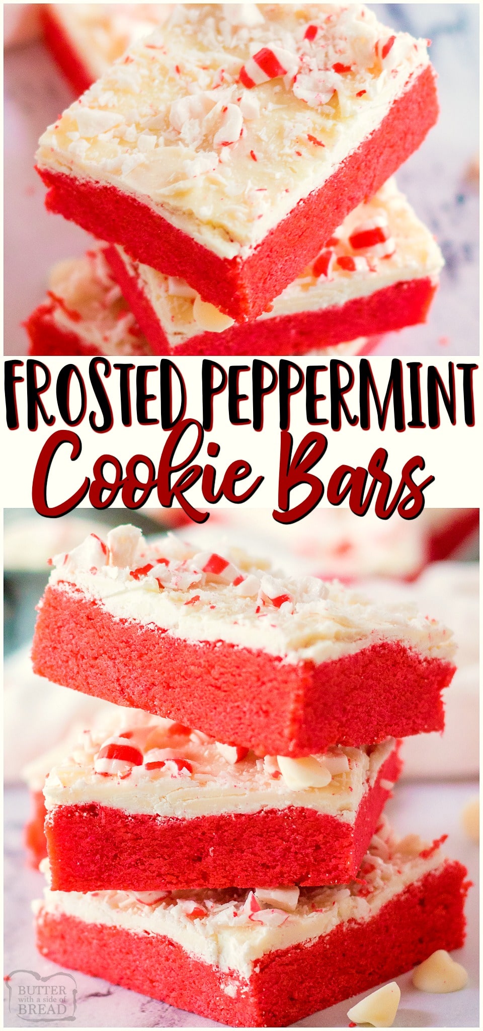 Frosted Peppermint Cookie Bars are festive holiday sugar cookies baked into bars & topped with sweet white chocolate & peppermints! Easy cookie bar recipe with lovely peppermint flavor perfect for Christmas baking. #cookies #bars #peppermint #whitechocolate #baking #holidays #easyrecipe from FAMILY COOKIE RECIPES via @buttergirls