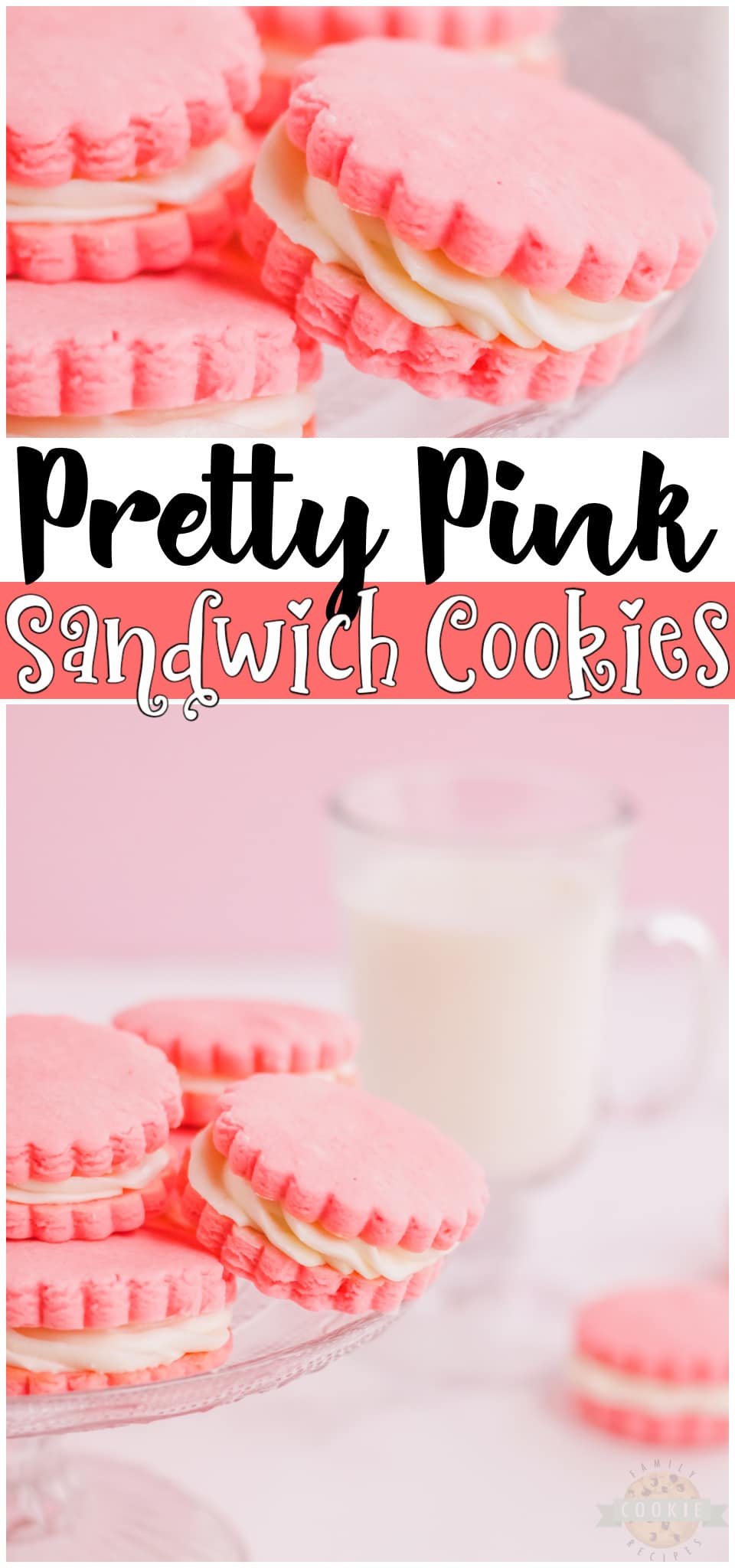 Pretty Pink Sandwich Cookies begin with a fabulous sugar cookie, colored pink for Valentine's Day or any occasion! Two cookies filled with a sweet vanilla buttercream frosting for a lovely treat everyone enjoys! 