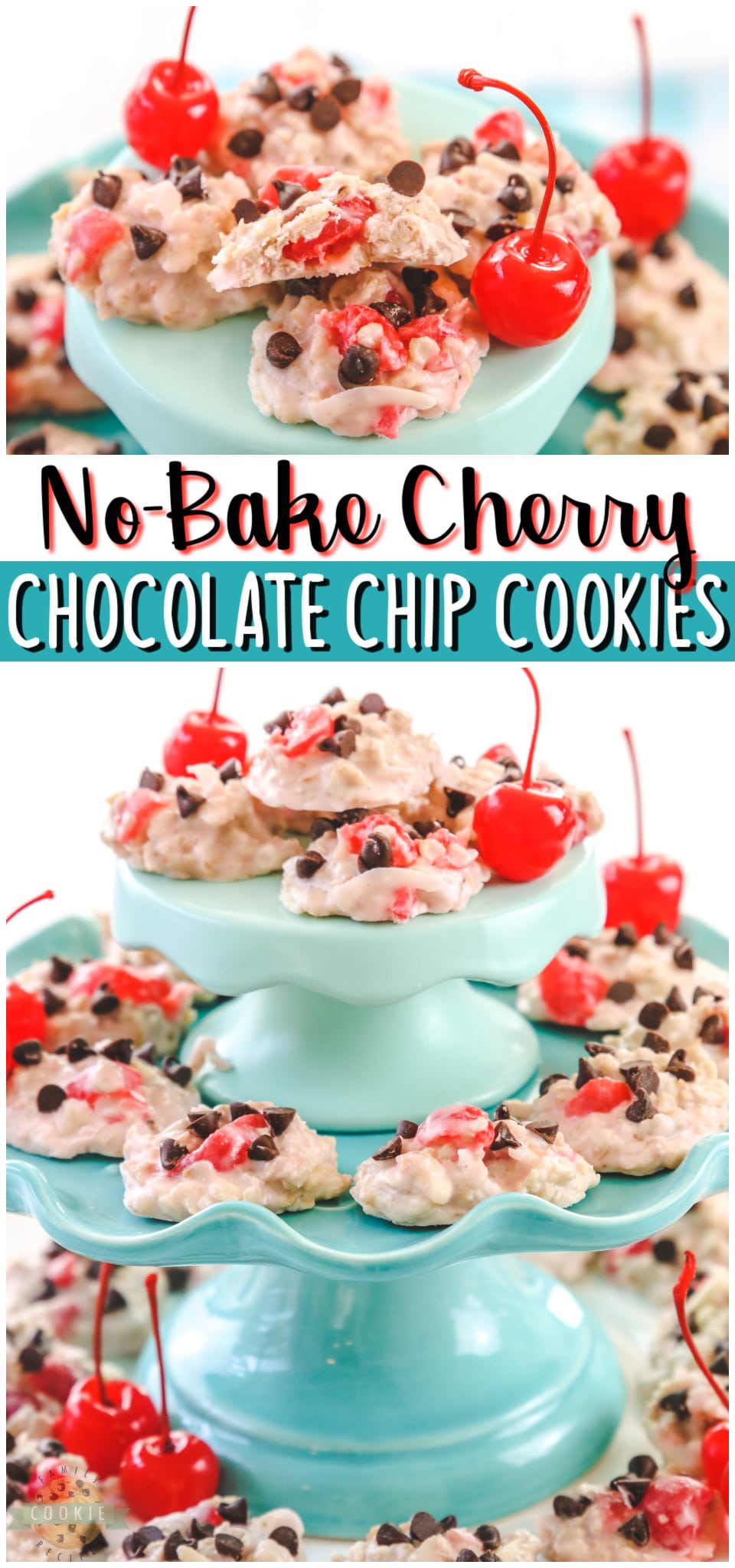 Cherry Chocolate Chip No Bake Cookies are fruity, festive  & so simple to make! Incredibly cherry almond vanilla flavor in these easy no-bake cookie recipe. #nobake #cookies #vanilla #cherry #almond #Valentines #dessert #easyrecipe from FAMILY COOKIE RECIPES via @buttergirls