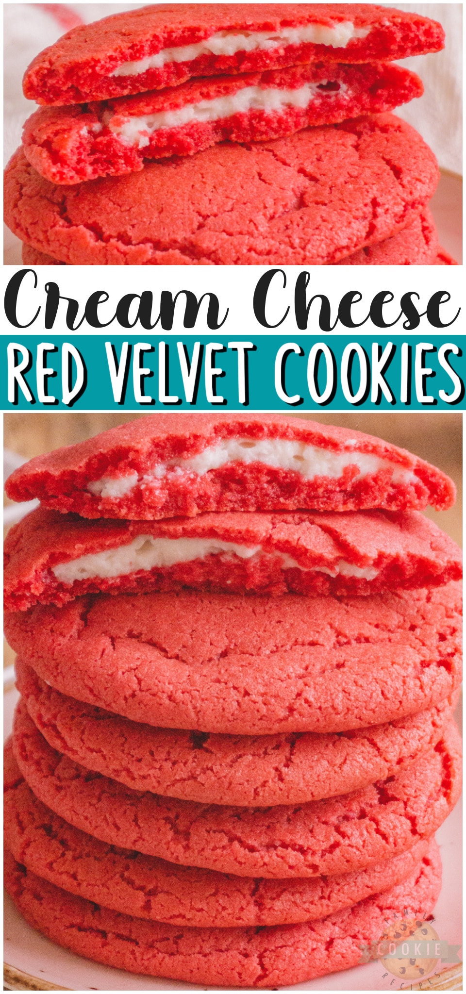 Cream Cheese red velvet cookies are soft & rich, vibrant red cookies with a fun surprise in the middle! Perfect Inside Out Red Velvet Cookies for Valentine's Day or just because! #redvelvet #cookies #creamcheese #insideout #baking #dessert #Valentines #easyrecipe from FAMILY COOKIE RECIPES via @buttergirls