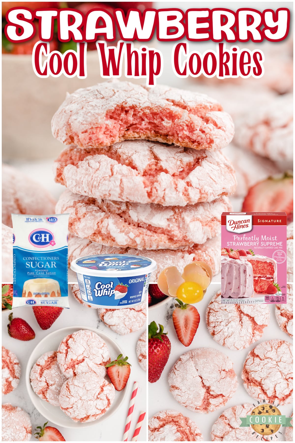 Strawberry Cool Whip Cookies made with a strawberry cake mix, Cool Whip and an egg. A lighter cookie recipe that is easy to make and with less calories than traditional cake mix cookies