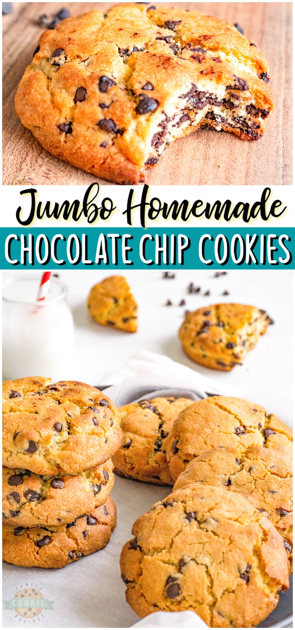 Jumbo Chocolate Chip Cookies made with classic ingredients & twice the size of traditional cookies! Soft, chewy & thick chocolate chip recipe perfect for cookie lovers! 