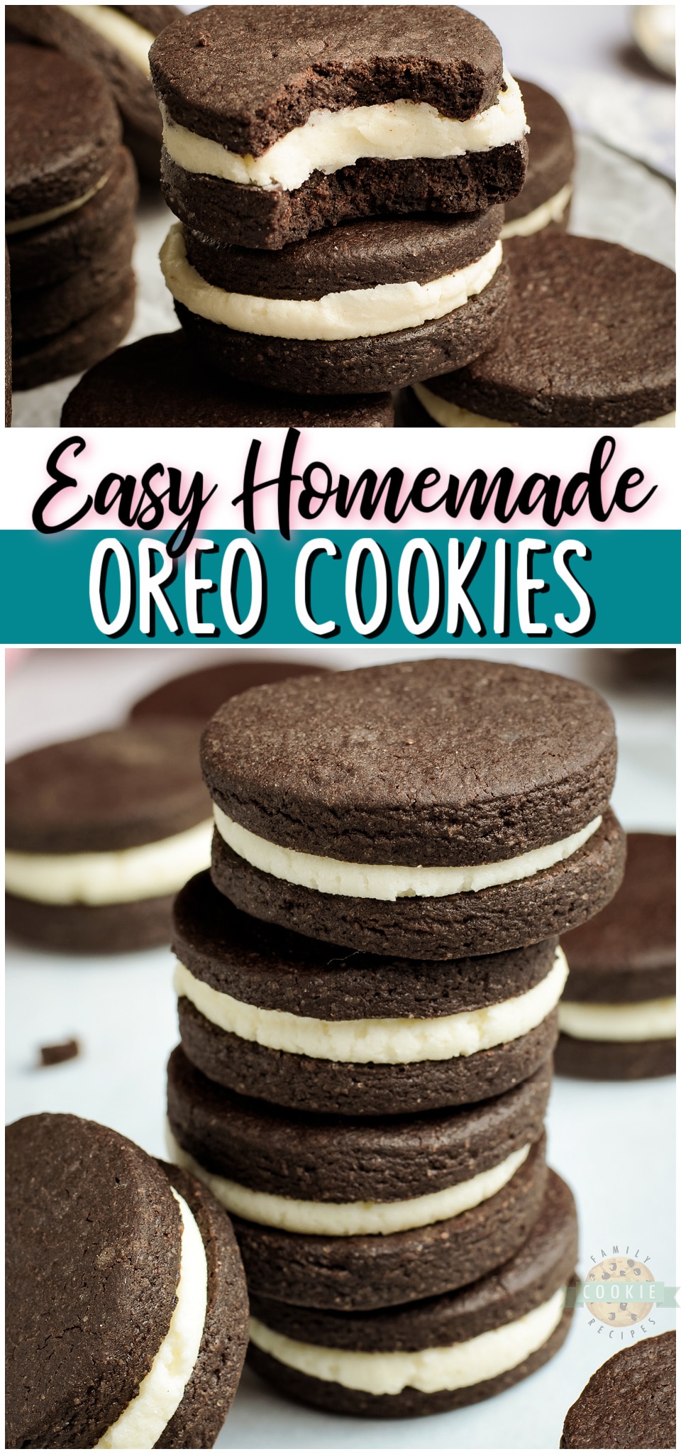 Homemade Oreo Cookies recipe for anyone who loves OREOS! Our Homemade Oreos taste even better with the chocolaty cookies on the outside & buttery vanilla cream on the inside.
