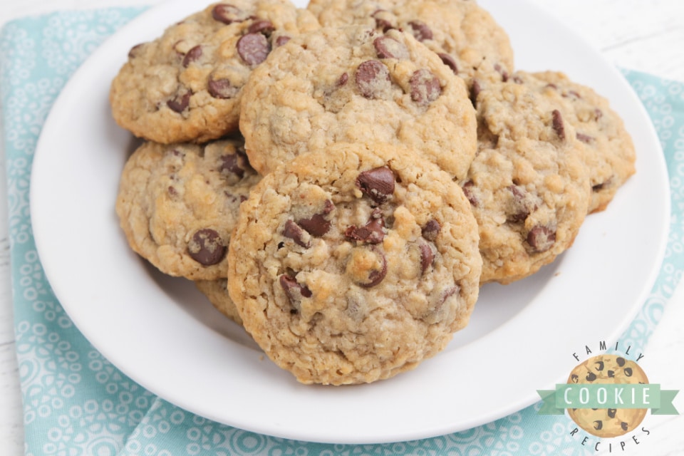 Eggless Oatmeal Chocolate Chip Cookies are soft, chewy and have the perfect consistency - you can't even tell there aren't any eggs in the recipe! Best eggless cookie recipe ever!