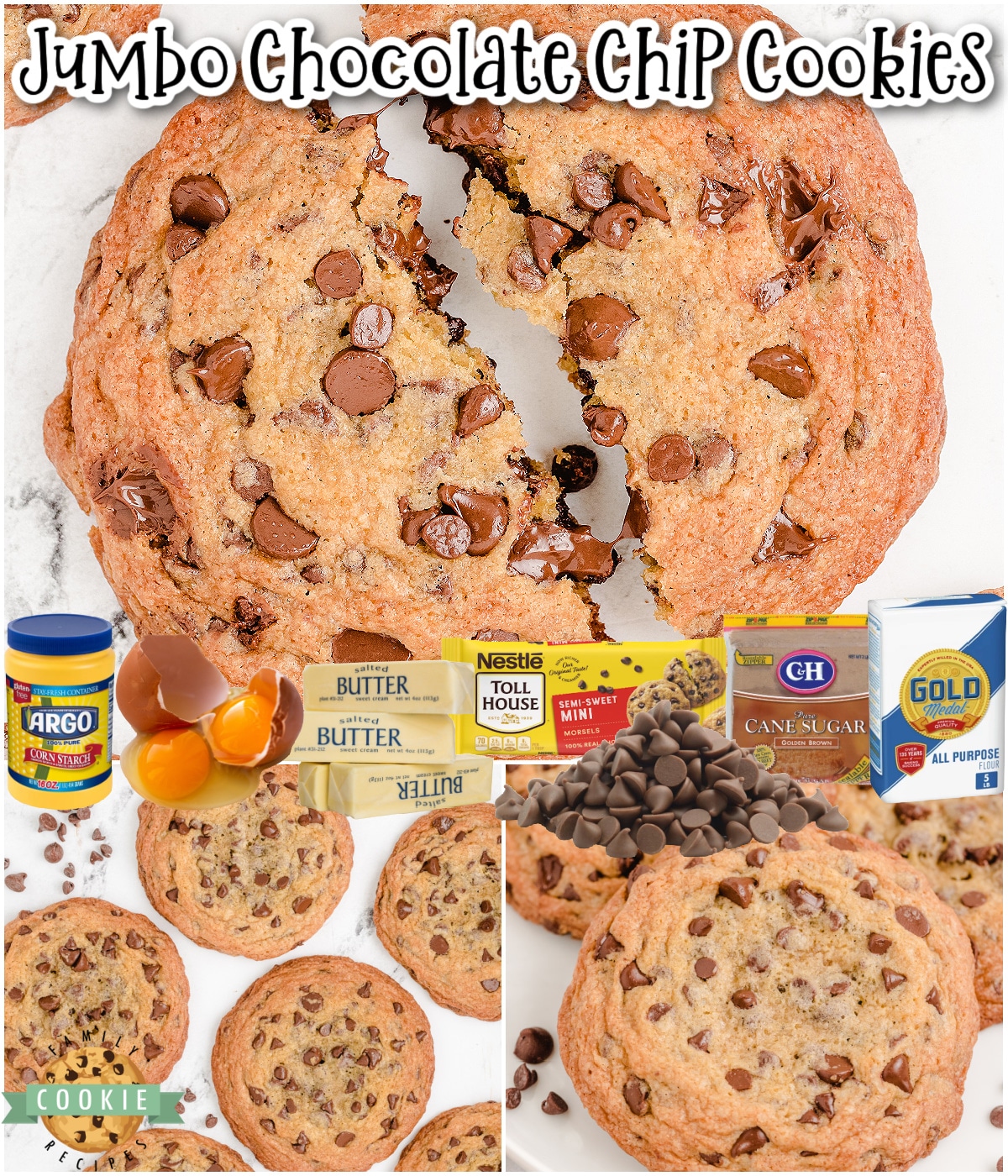 Jumbo Chocolate Chip Cookies made with classic ingredients & twice the size of traditional cookies! Soft, chewy & thick chocolate chip recipe perfect for cookie lovers!