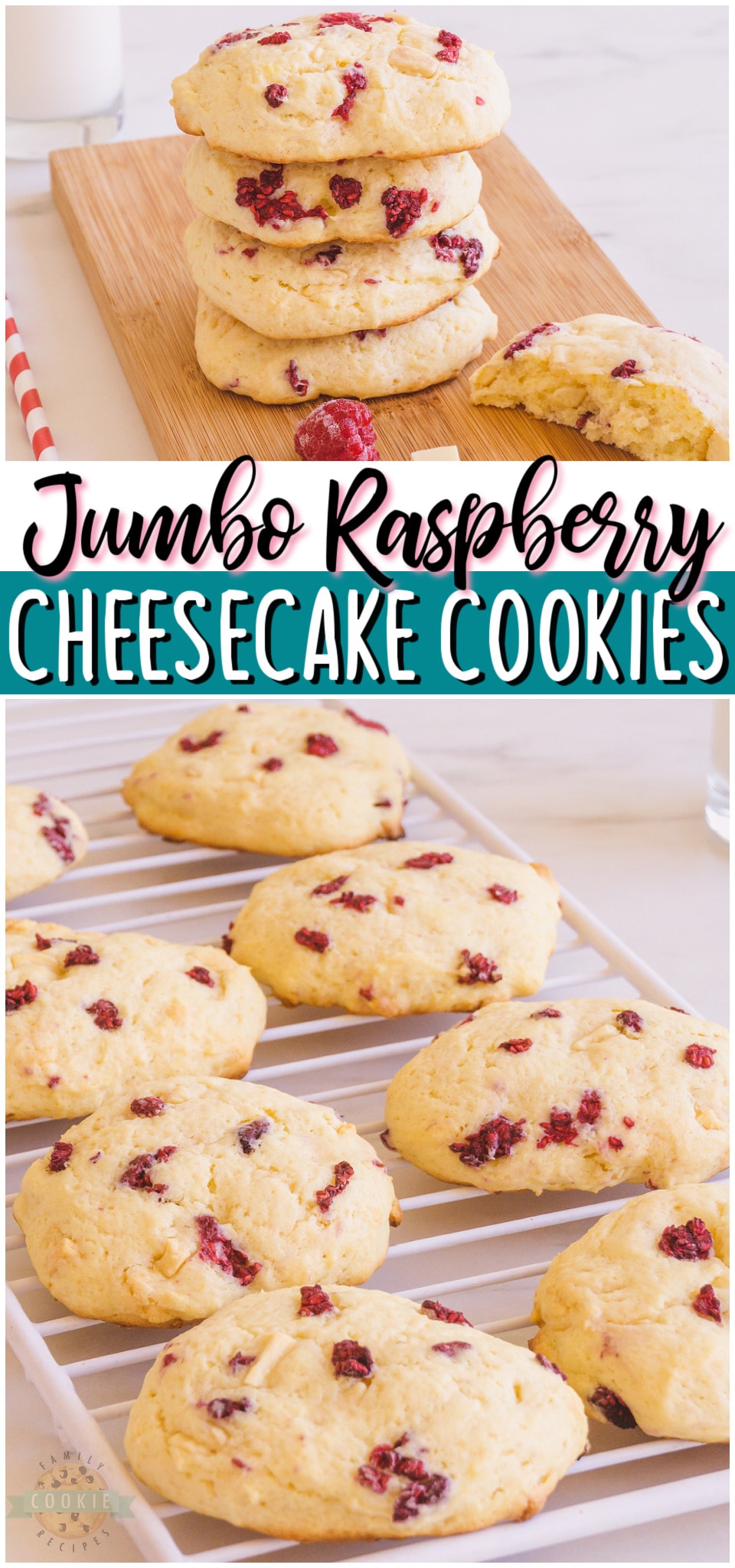 Giant raspberry cheesecake cookies are rich & indulgent cookies made with cream cheese, white chocolate & raspberries! Jumbo sized cheesecake cookies with bright raspberry flavor that everyone loves! 