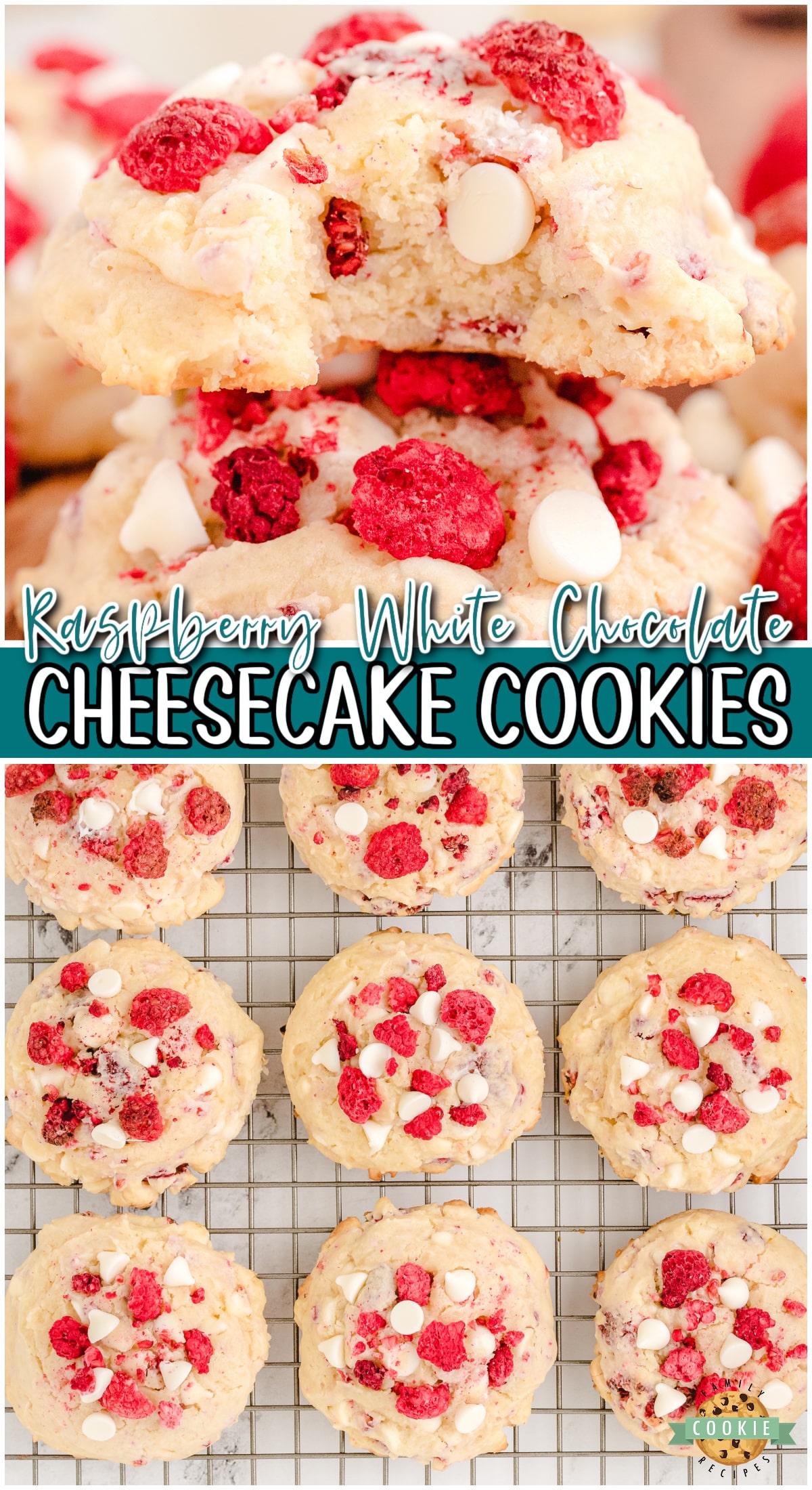 Raspberry Cheesecake Cookies are buttery cookies made with cream cheese & flavored with raspberries & white chocolate for soft, tender cookies reminiscent of cheesecake!