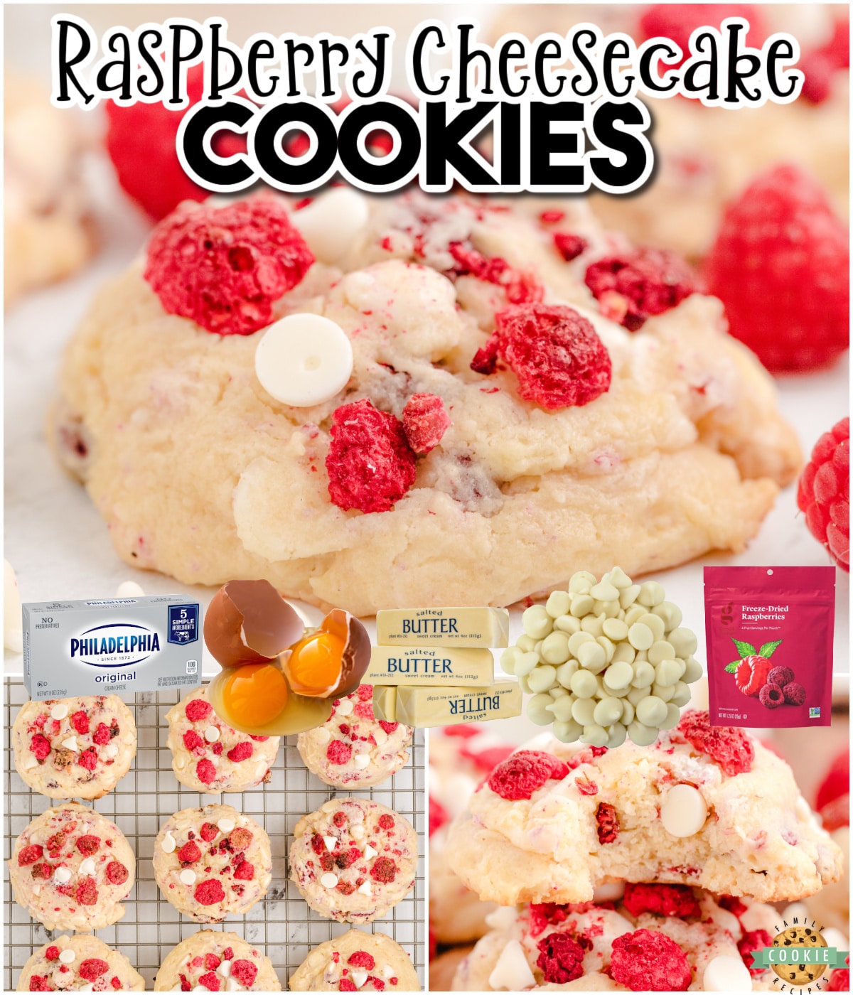 Raspberry Cheesecake Cookies are buttery cookies made with cream cheese & flavored with raspberries & white chocolate for soft, tender cookies reminiscent of cheesecake!