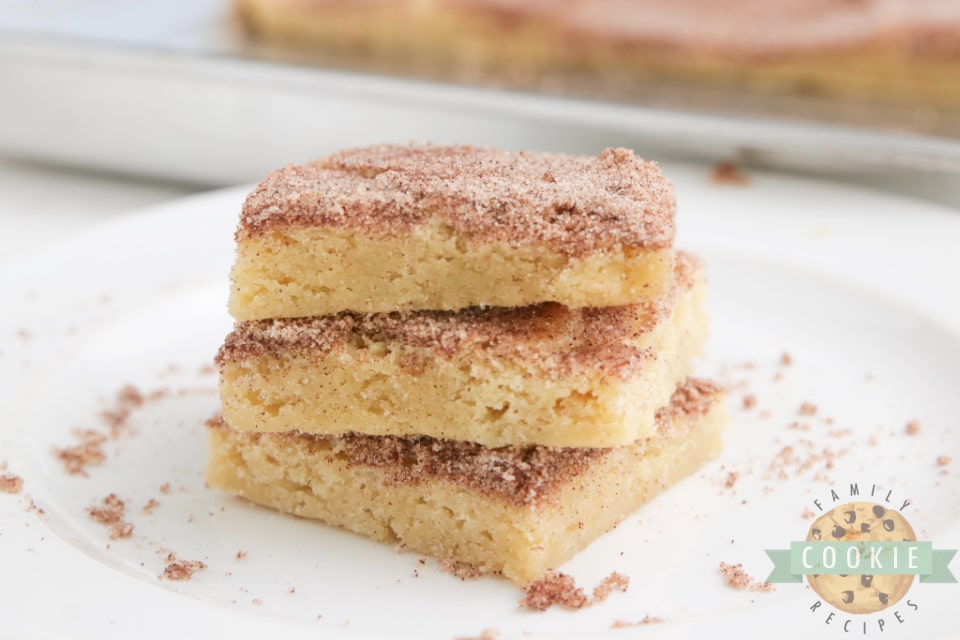 Snickerdoodle Cookie Bars are soft, delicious and packed with that cinnamon flavor we all love! Simple snickerdoodle recipe that is made in a sheet pan and can be easily sliced and served.