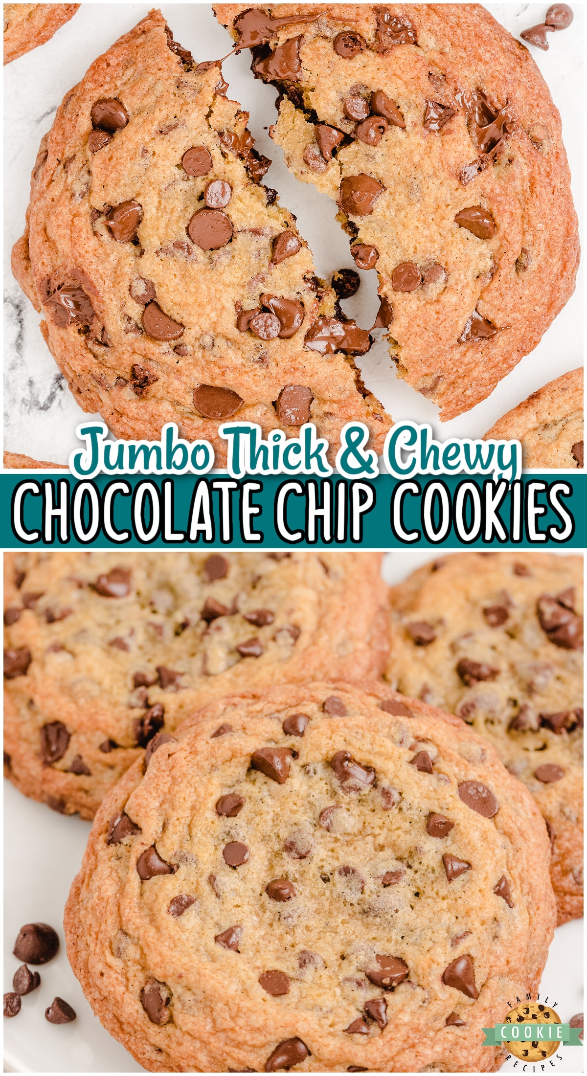 Jumbo Chocolate Chip Cookies made with classic ingredients & twice the size of traditional cookies! Soft, chewy & thick chocolate chip recipe perfect for cookie lovers!