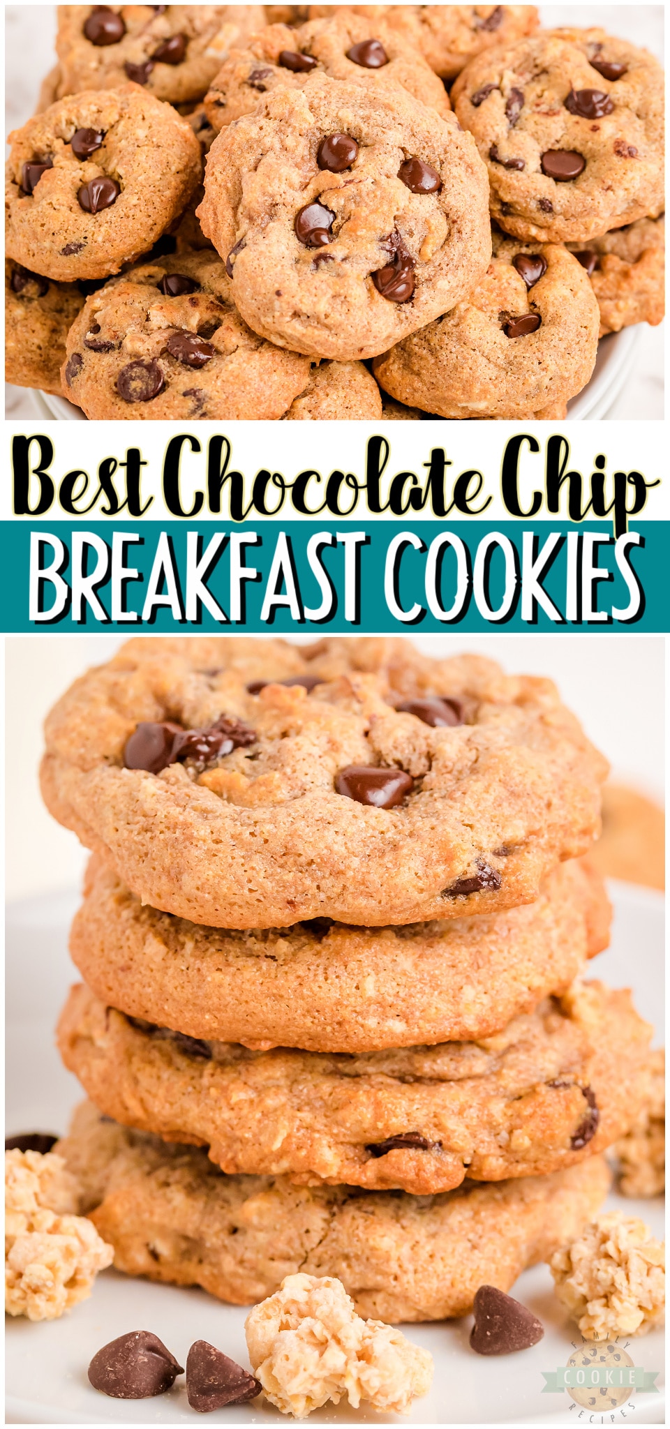 Breakfast chocolate chip cookies are a perfect snack that you can feel good about. Whole wheat flour, applesauce, granola, & dark chocolate combine to make tasty low-calorie & low sugar cookies! #breakfast #cookies #chocolatechip #baking #lowsugar #lowcal #easyrecipe from FAMILY COOKIE RECIPES via @buttergirls