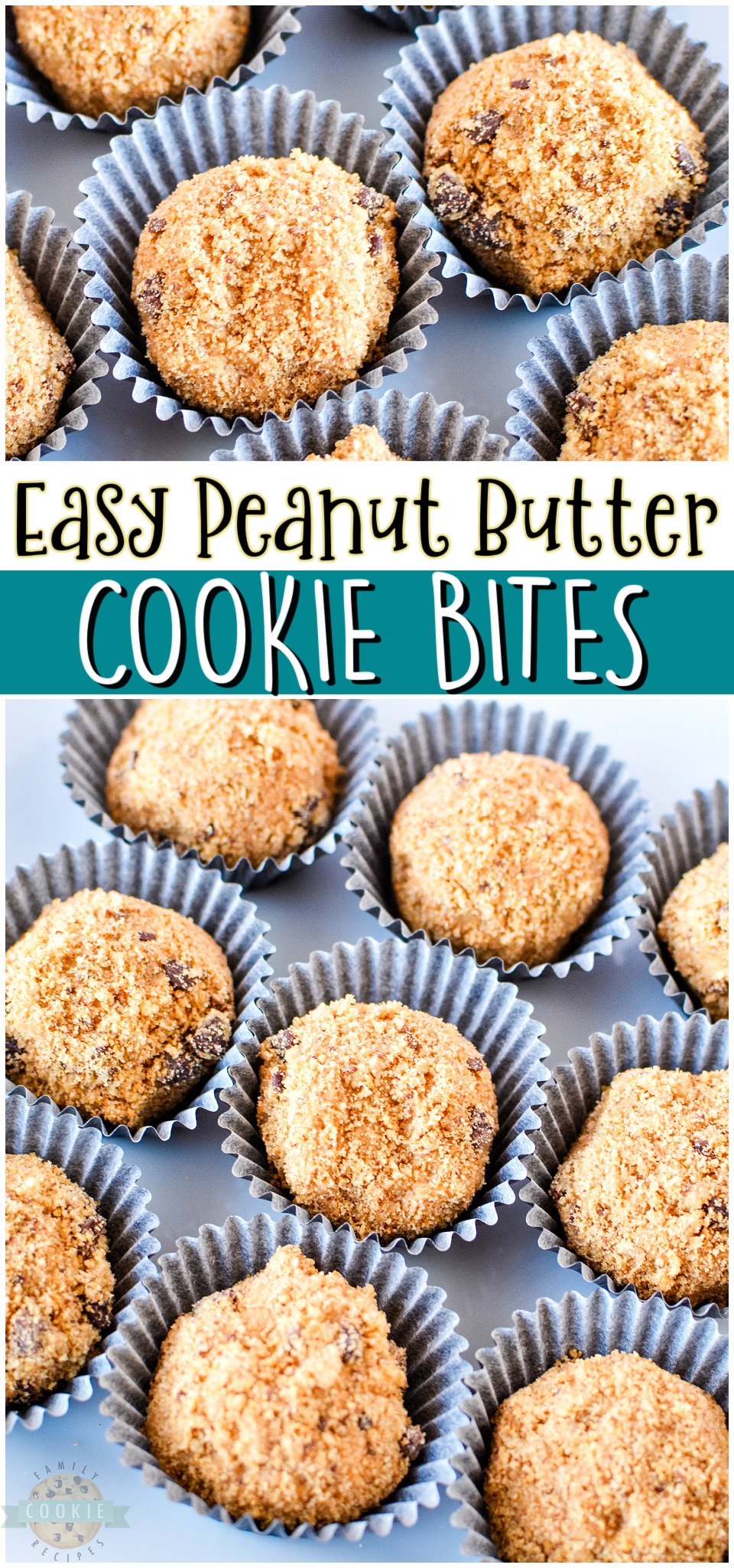 Peanut butter cookie bites made with just 3 ingredients including store-bought chocolate chip cookies, peanut butter & powdered sugar. Simple, tasty no-bake cookie recipe that is fun to make & eat! 