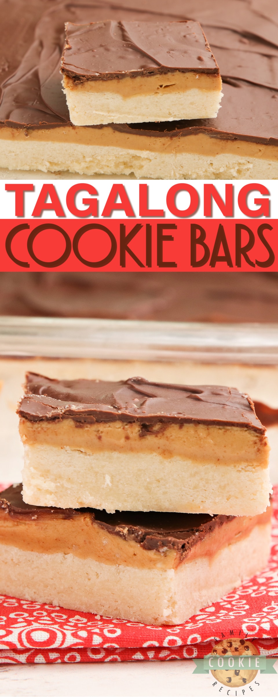 Tagalong Cookie Bars made with a shortbread cookie crust with a peanut butter layer with chocolate on top. Simple to put together, and taste just like your favorite chocolate peanut butter Girl Scout cookies.