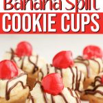 Banana Split Cookie Cups taste like your favorite banana split dessert in cookie form! Banana flavored cookies filled with pineapple cream and topped with chocolate and a cherry!