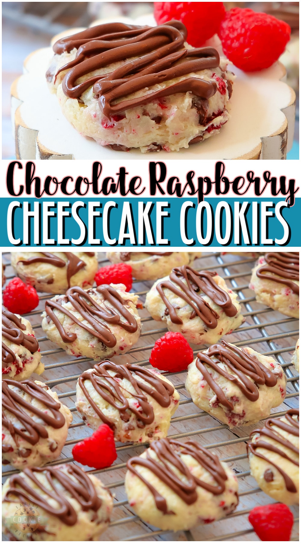 Chocolate Raspberry Cheesecake Cookies are indulgent cookies made with cream cheese, chocolate chips & raspberries! Soft cookies with bright raspberry cheesecake flavor that everyone loves!