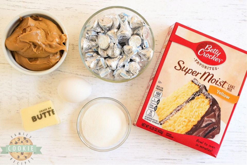 Ingredients in Peanut Butter Blossom Cookies made with a cake mix