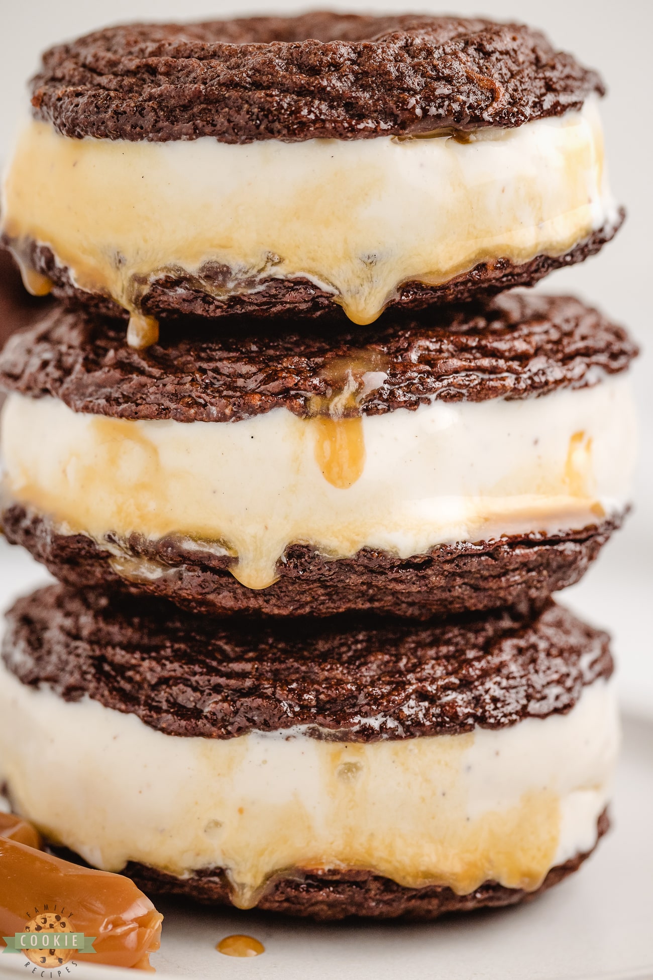 caramel brownie cookies made into ice cream sandwiches