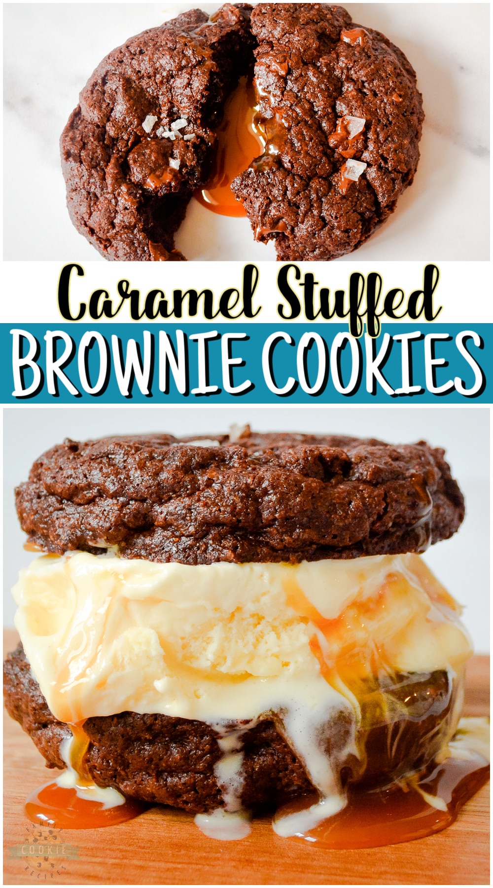 Caramel Brownie Cookies made with a brownie mix & stuffed with buttery soft caramels. Big, indulgent chocolate cookies with great flavors, especially with a sprinkle of sea salt on top!