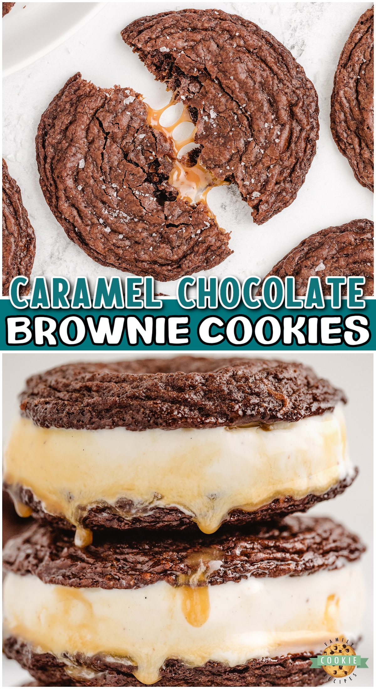 Caramel Brownie Cookies made with a brownie mix & stuffed with buttery soft caramels! Indulgent chocolate cookies with gooey caramel, perfect with a sprinkle of salt!