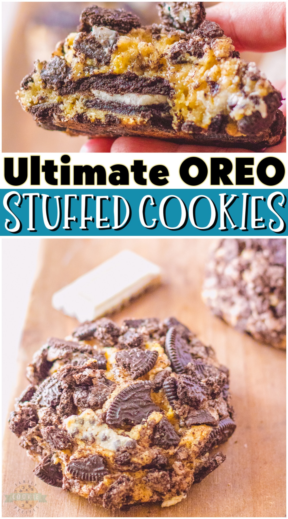 Oreo Stuffed Cookies loaded with sweet Cookies & Cream flavors! Vanilla cookies stuffed with an OREO, loaded with candy bar pieces, then rolled in more OREO's. These are the ULTIMATE Cookies and Cream Cookies! via @buttergirls