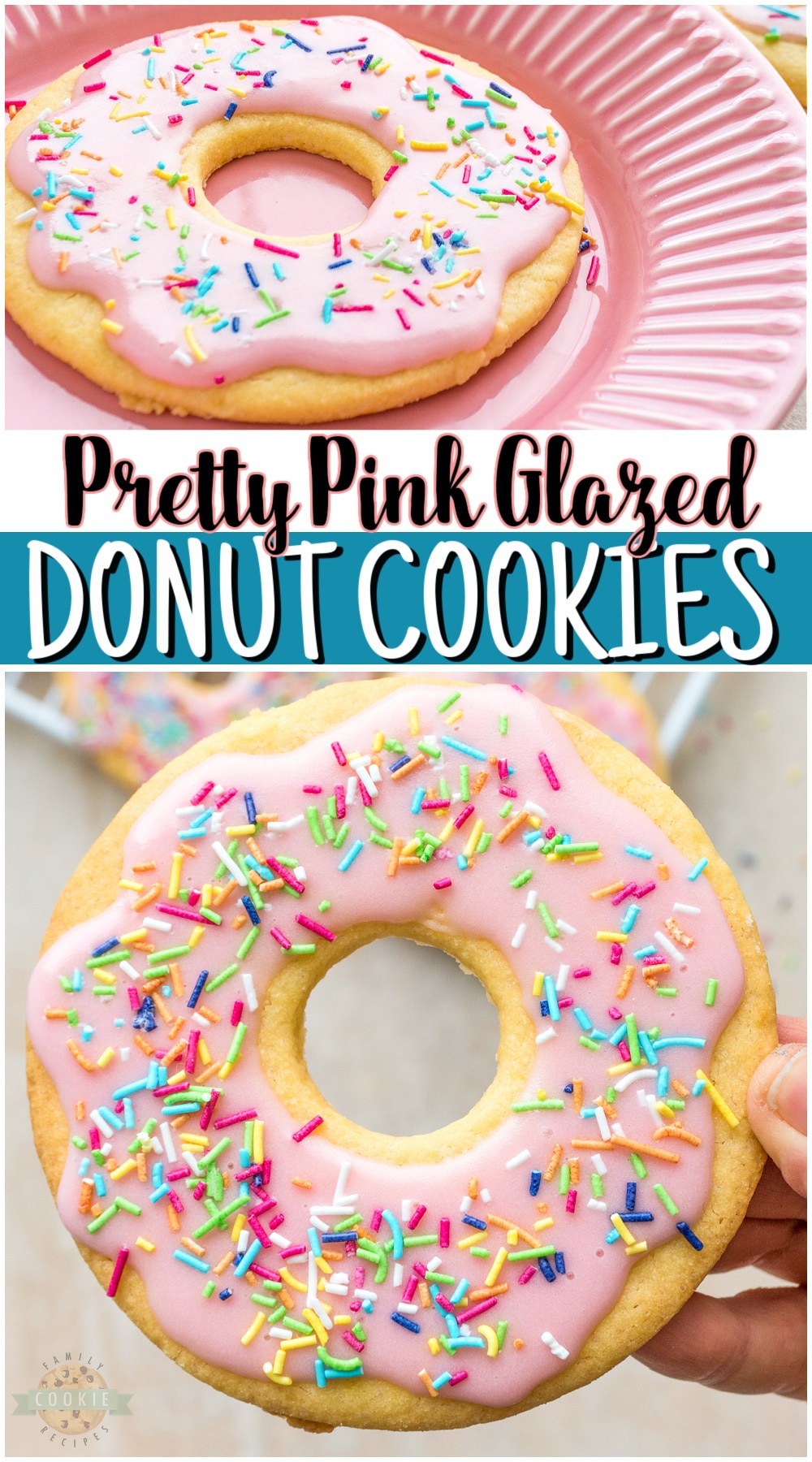 Pink donut cookies are cute sugar cookies frosted with pink glaze to look just like Sprinkled Pink Donuts! Cute donut cookies perfect for birthday parties, bridal showers, baby showers or any type of party!