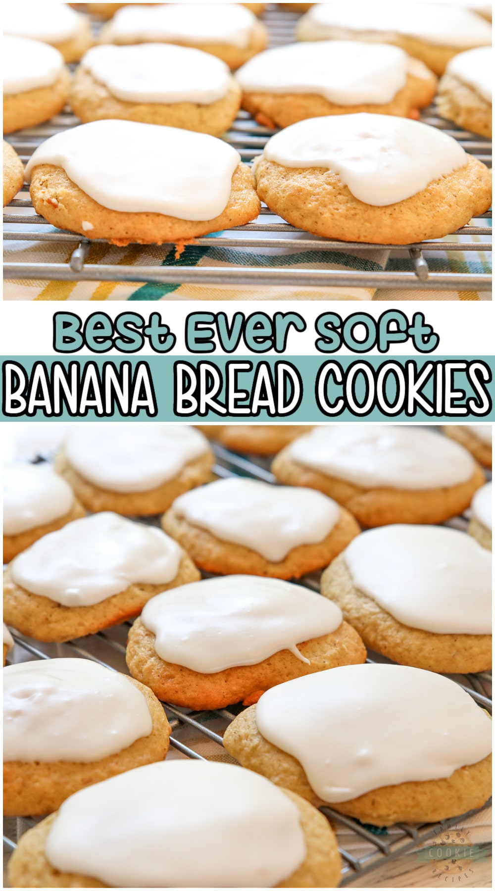 Banana Bread Cookies are soft, sweet cookies made with ripe bananas and topped with a simple vanilla glaze. They're everything you love about Banana Bread, but in cookie form! #cookies #banana #bananabread #baking #easyrecipe from FAMILY COOKIE RECIPES via @buttergirls