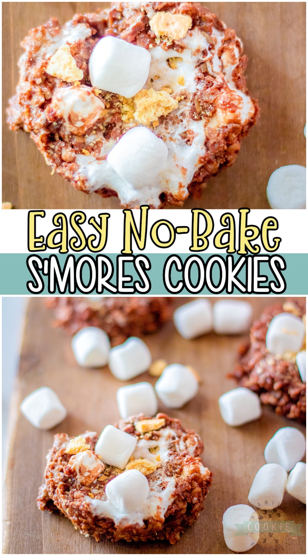 No-Bake S'mores Cookies made with oats, peanut butter, marshmallows & graham crackers! Simple recipe for s'mores fans that's a fun twist on classic no-bake cookies. #nobake #cookies #smores #chocolate #oats #easyrecipe from FAMILY COOKIE RECIPES via @buttergirls