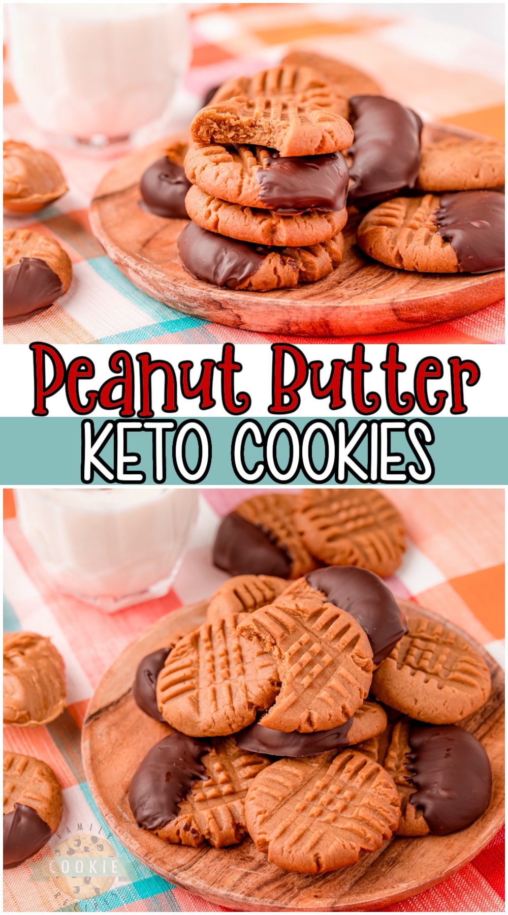 Easy keto peanut butter cookies recipe made with low sugar, creamy peanut butter, and dipped in dark chocolate. Great peanut butter flavor that's satisfying & won't derail your health goals! #keto #cookies #peanutbutter #baking #lowcarb #easyrecipe from FAMiLY COOKIE RECIPES via @buttergirls