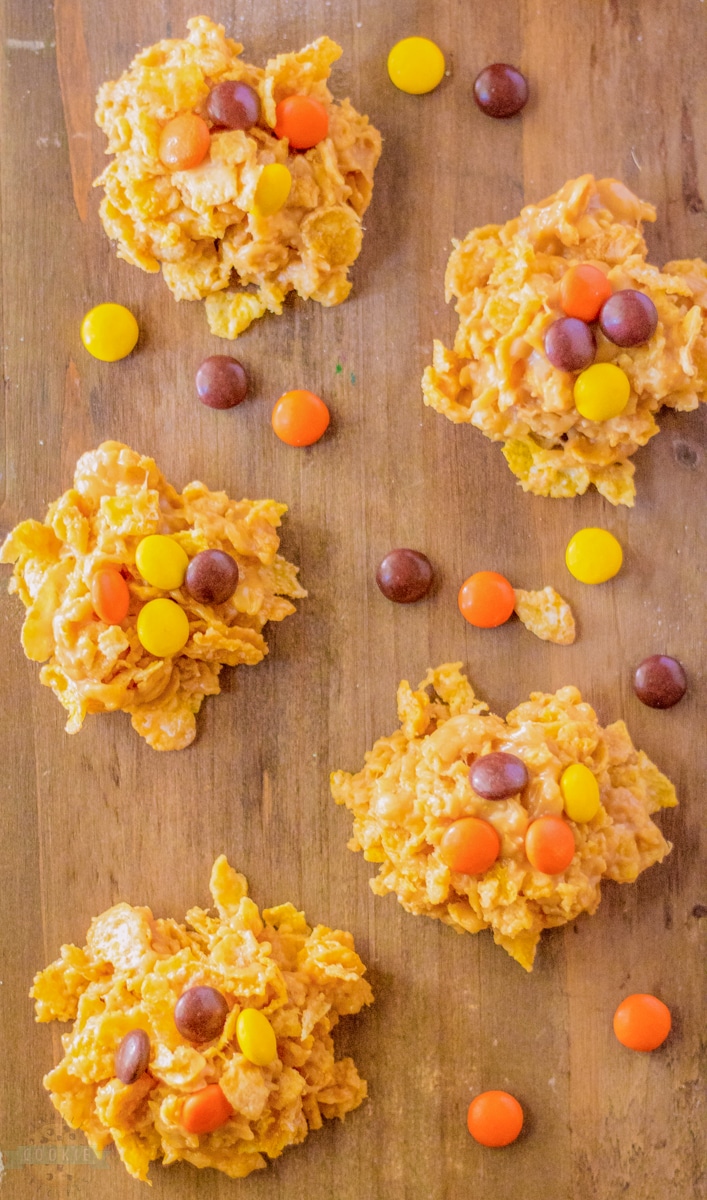 cornflake no bake cookies on a wooden board