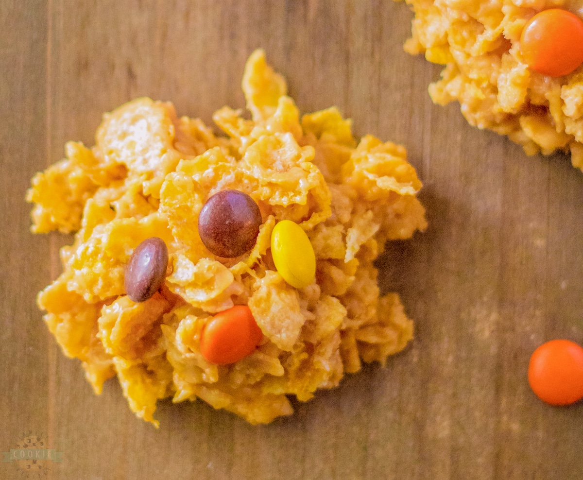 cornflake no bake cookies with Reese's Pieces candy on top