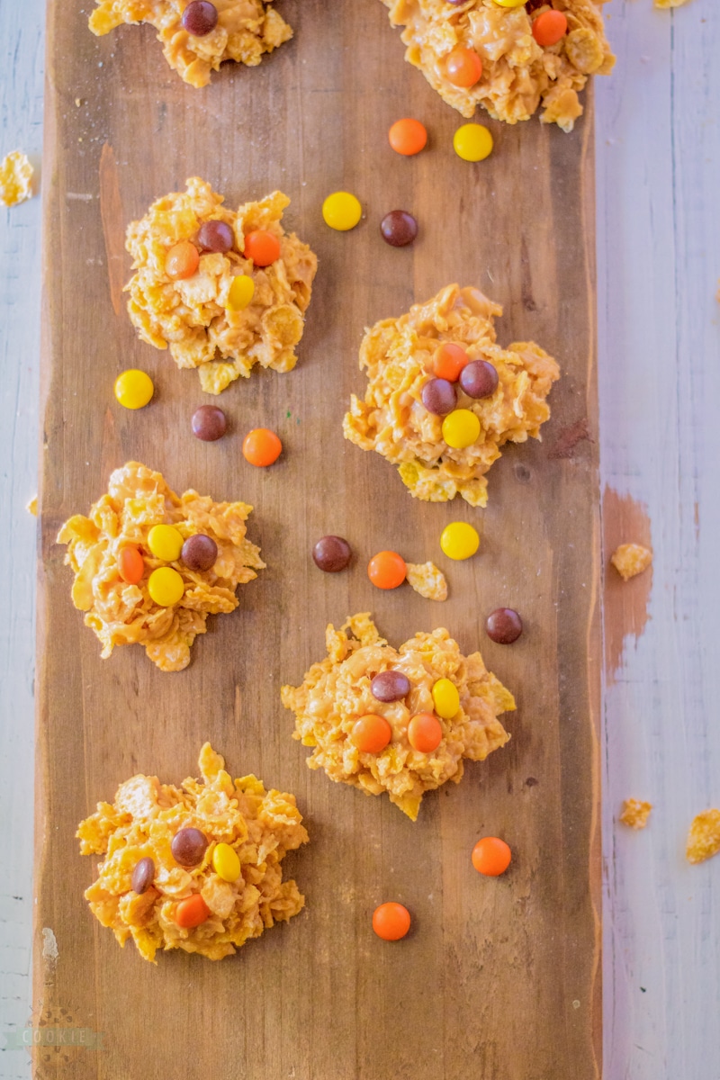 cornflake no bake cookies with Reese's Pieces candy on top