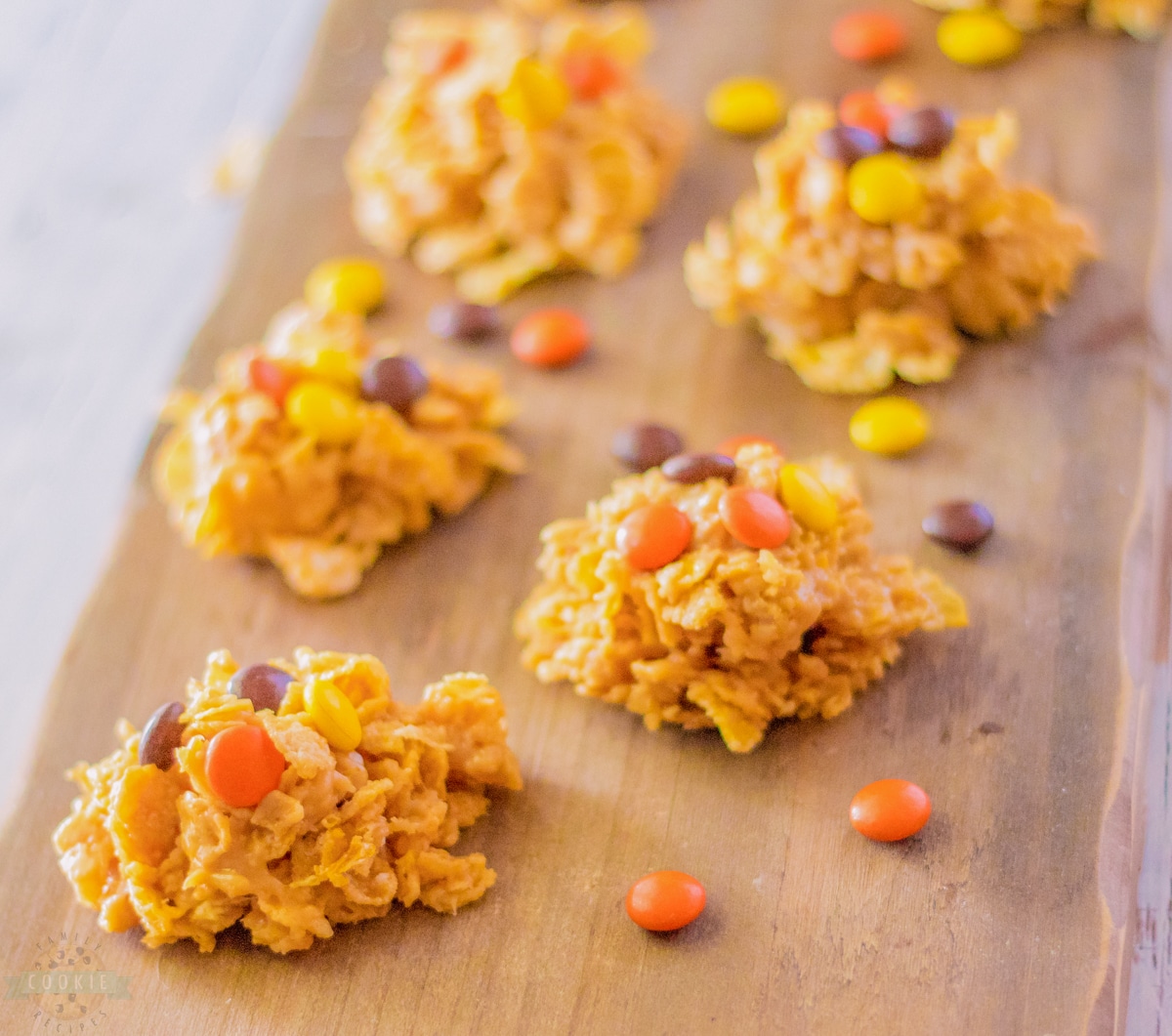 cornflake no bake cookies with Reese's Pieces candy on top