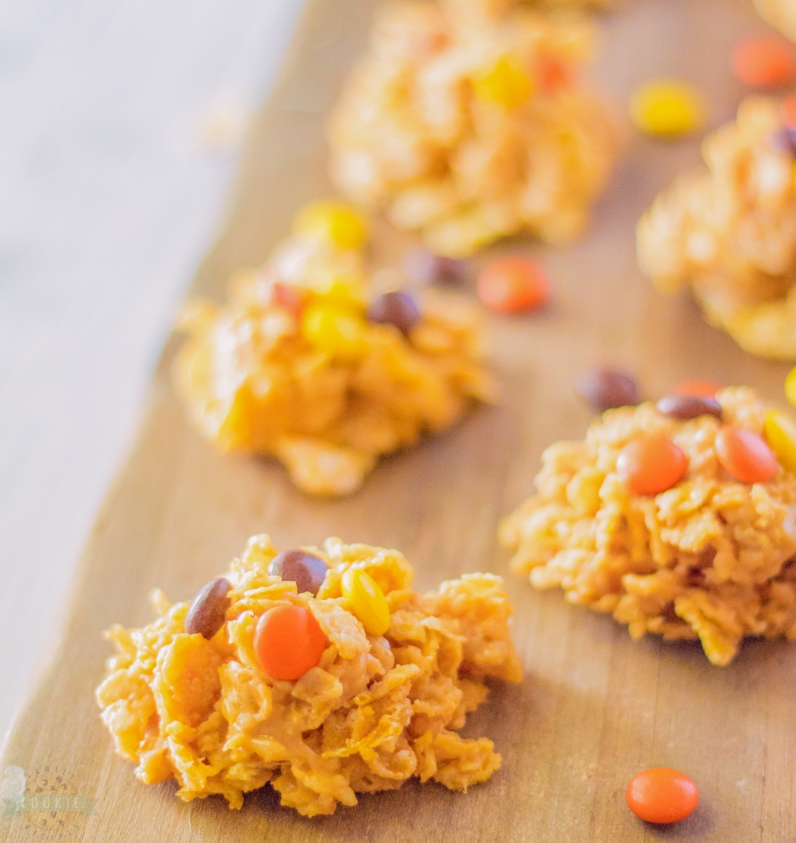 cornflake no bake cookies with Reese's Pieces candy on top