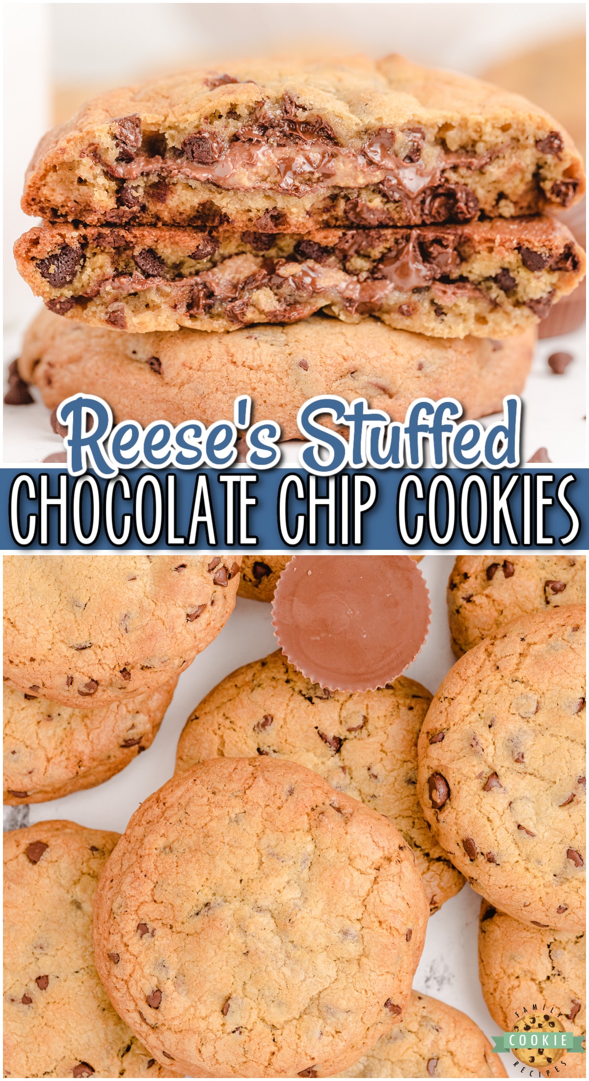 Chocolate Chip Cookies stuffed with a Reese's Peanut Butter Cup for the ultimate cookie treat! Classic cookies with a fun twist for anyone who loves peanut butter + chocolate!