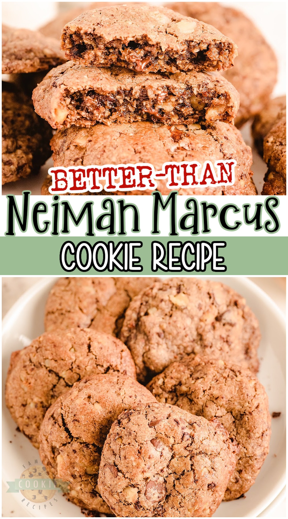 "Better Than" Neiman Marcus Cookies are fabulous oatmeal chocolate chip cookies made with grated chocolate! Thick & chewy oatmeal cookie recipe with great chocolate flavor that everyone loves! And bonus- the recipe is FREE! #cookies #chocolate #oatmeal #NeimanMarcus #easyrecipe from FAMILY COOKIE RECIPES via @buttergirls