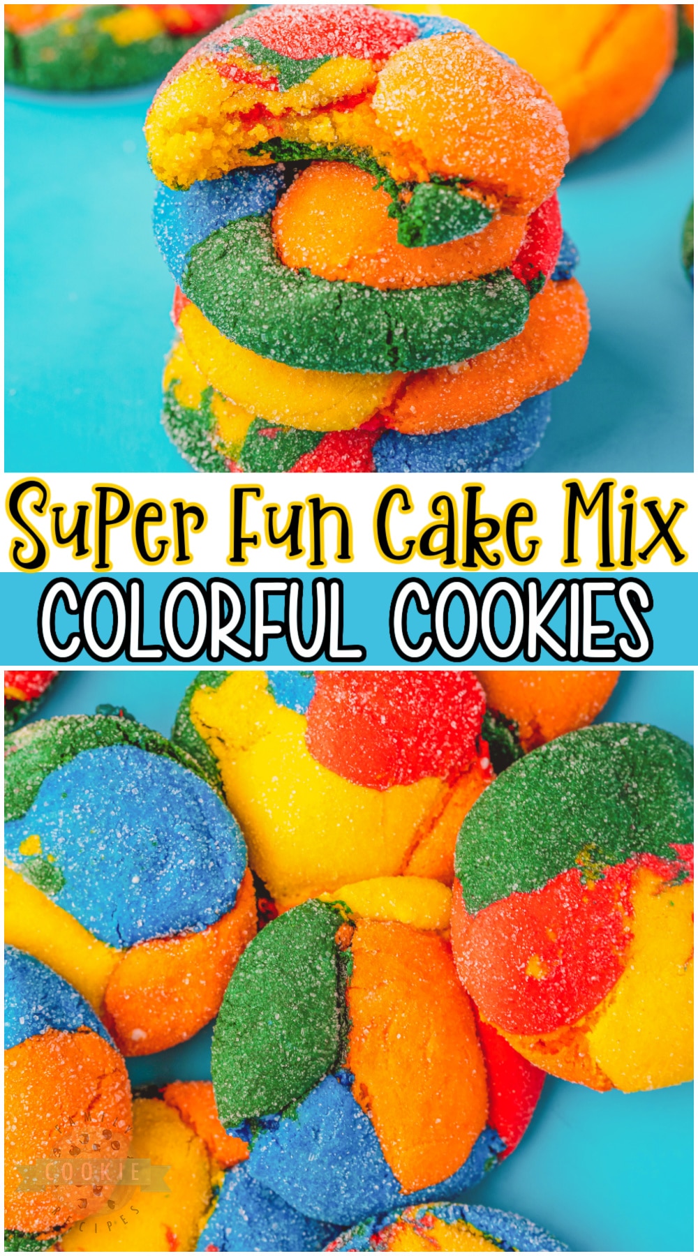 Bright & fun Colorful Cookies made with a cake mix! Simple recipe for soft, festive cookies perfect for Back To School. Your boxed cake mix is about to get an inventive and creative new upgrade! #colorful #cookies #backtoschool #colors #rainbow #baking #easyrecipe from FAMILY COOKIE RECIPES via @buttergirls