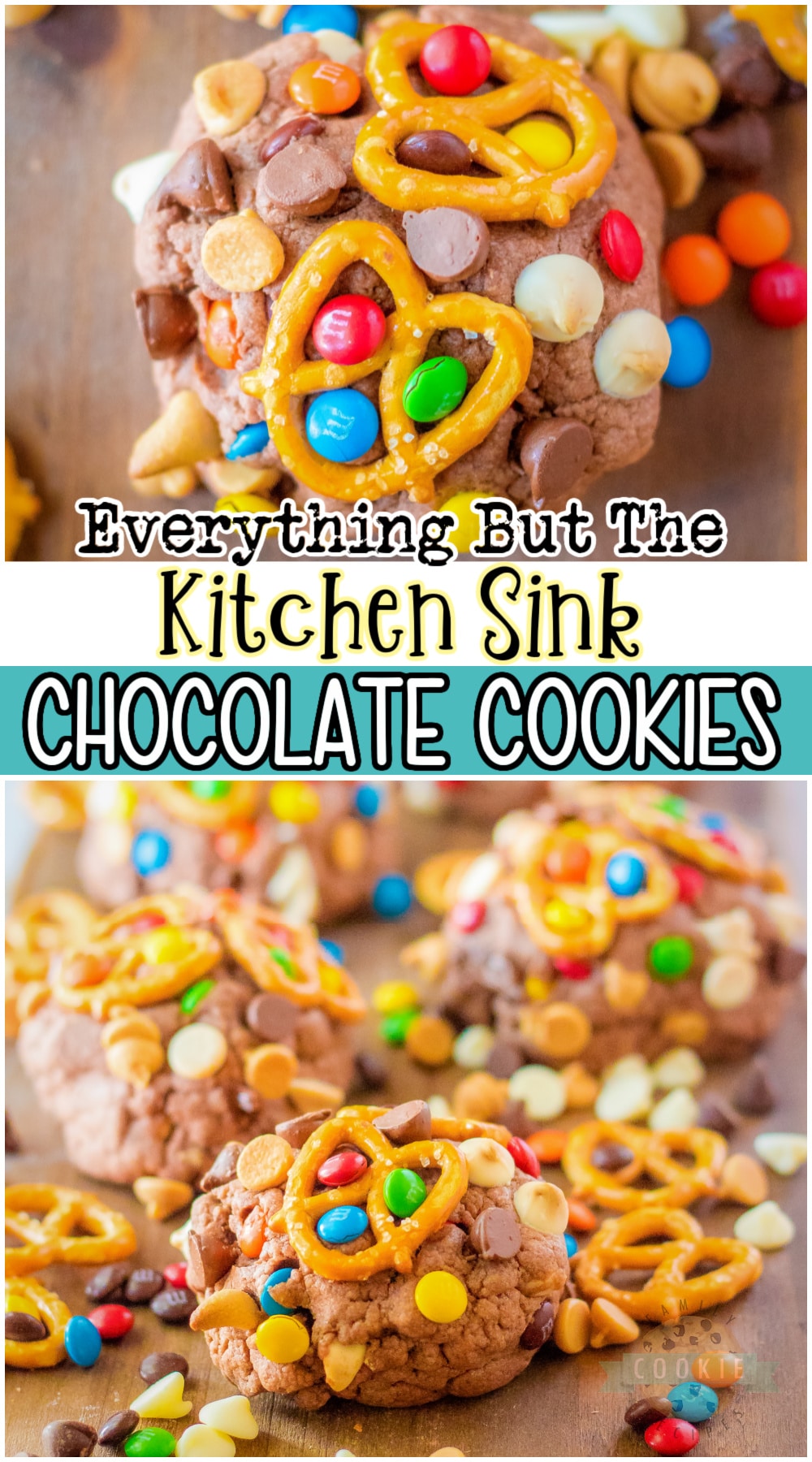 Everything But the Kitchen Sink Cookies for when you just don't know what kind to make! Delicious loaded chocolate cookie recipe with sweet & salty baked into every bite! #cookies #kitchensink #peanutbutter #chocolate #sweetsalty #easyrecipe from FAMILY COOKIE RECIPES via @buttergirls