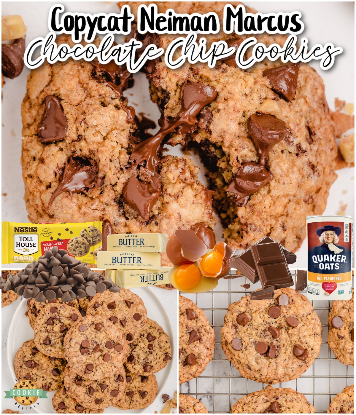 "Better Than" Neiman Marcus Cookies are fabulous oatmeal chocolate chip cookies made with grated chocolate! Thick & chewy oatmeal cookie recipe with great chocolate flavor that everyone loves! And bonus- the recipe is FREE!