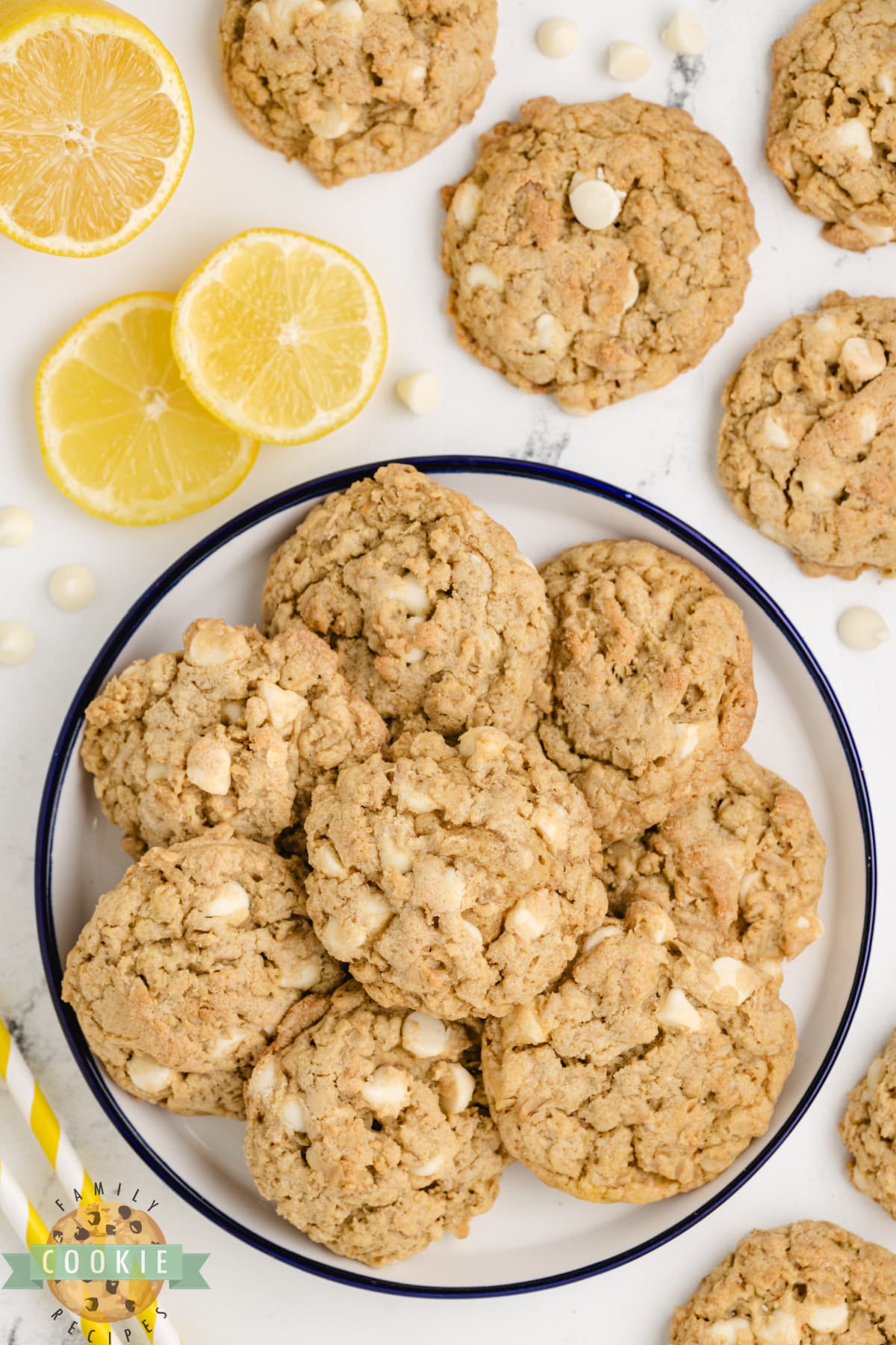 Oatmeal cookies made with lemon pudding and white chocolate chips.